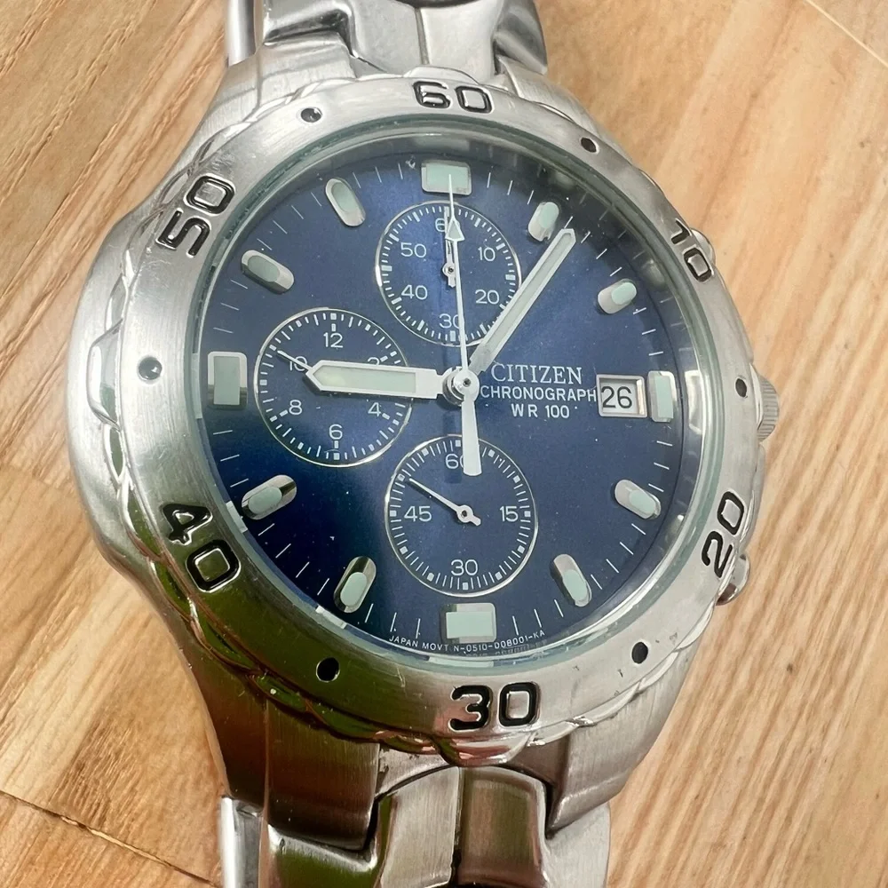 Citizen chronograph blue dial stainless steel watch NEW BATTERY